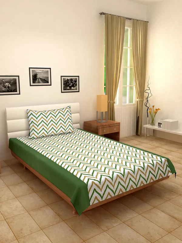 Pack_of_2_Pieces_Cotton_Green_Double_Ikat_Printed_Single_Bedsheet_With_Pillow_Cover_for_Bedroom,_Guest_Room,_Kids_Room
