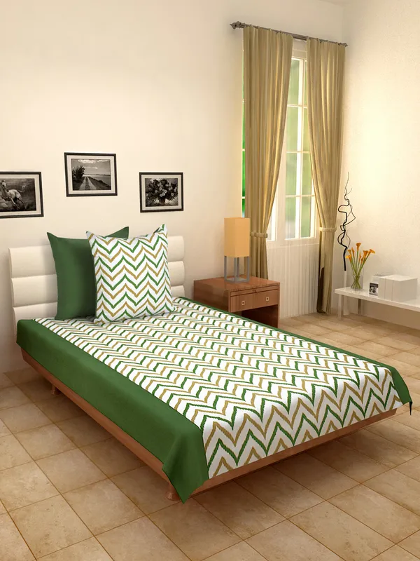 Pack_of_3_Pieces_Cotton_Green_Double_Ikat_Printed_Single_Bedsheet_With_Sham_Cover_for_Bedroom,_Guest_Room,_Kids_Room