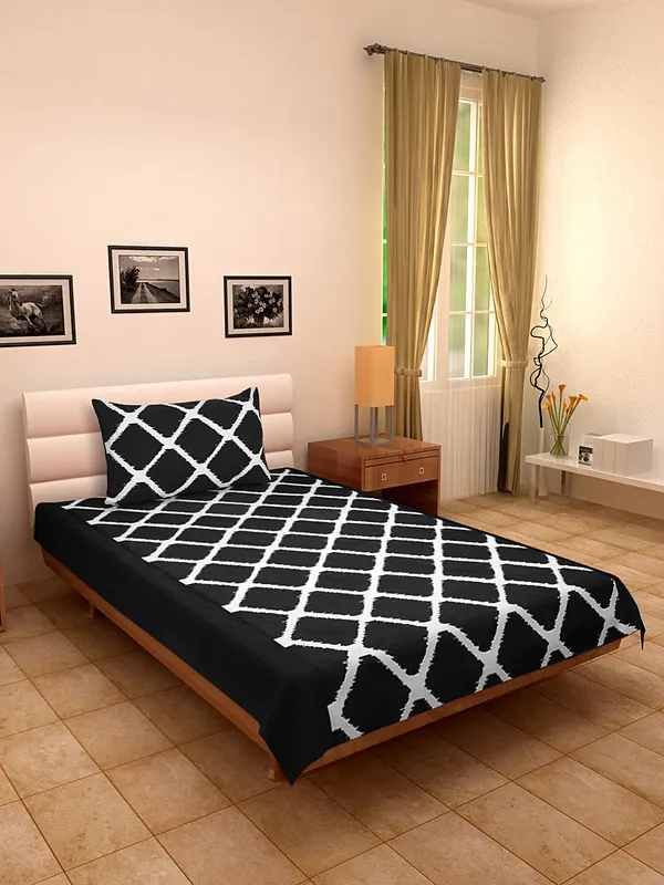 Pack_of_2_Pieces_Cotton_Black_Ikat_Printed_Single_Bedsheet_With_Pillow_Cover_for_Bedroom,_Guest_Room,_Kids_Room
