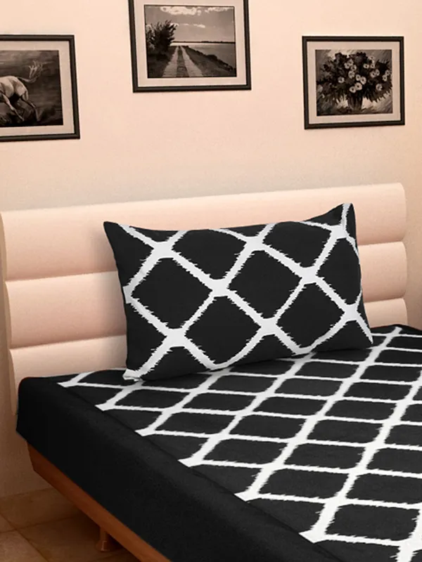 Pack_of_2_Pieces_Cotton_Black_Ikat_Printed_Single_Bedsheet_With_Pillow_Cover_for_Bedroom,_Guest_Room,_Kids_Room