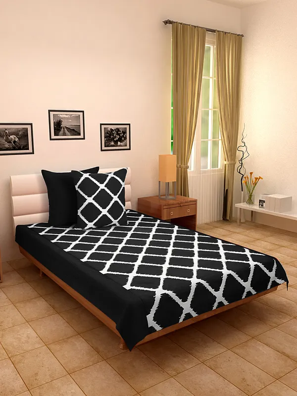 Pack_of_3_Pieces_Cotton_Black_Ikat_Printed_Single_Bedsheet_With_Sham_Cover_for_Bedroom,_Guest_Room,_Kids_Room