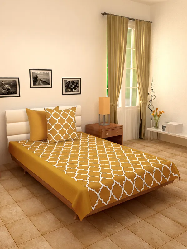 Pack_of_3_Pieces_Cotton_Yellow_Ogee_Printed_Single_Bedsheet_With_Sham_Cover_for_Bedroom,_Guest_Room,_Kids_Room