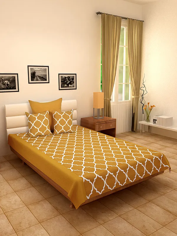 Pack_of_4_Pieces_Cotton_Yellow_Ogee_Printed_Single_Bedsheet_With_Sham_Cover_and_Cushion_Cover_for_Bedroom,_Guest_Room,_Kids_Room