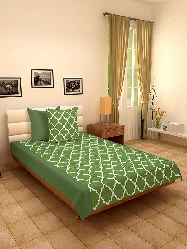 Pack_of_3_Pieces_Cotton_Green_Ogee_Printed_Single_Bedsheet_With_Sham_Cover_for_Bedroom,_Guest_Room,_Kids_Room