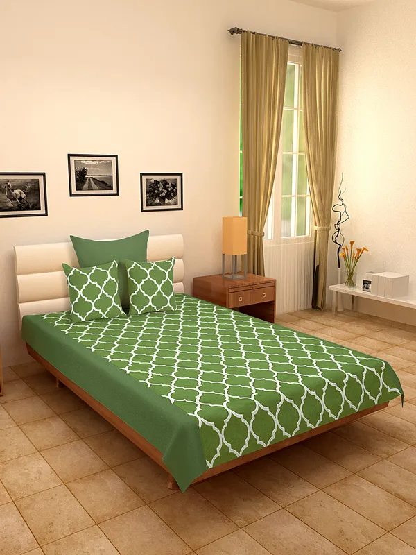 Pack_of_4_Pieces_Cotton_Green_Ogee_Printed_Single_Bedsheet_With_Sham_Cover_and_Cushion_Cover_for_Bedroom,_Guest_Room,_Kids_Room