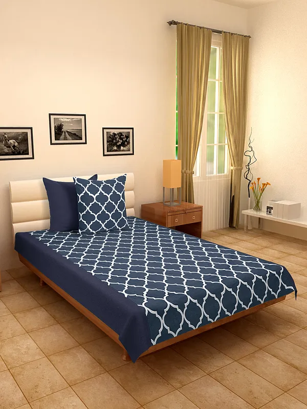 Pack_of_3_Pieces_Cotton_Dark_Blue_Ogee_Printed_Single_Bedsheet_With_Sham_Cover_for_Bedroom,_Guest_Room,_Kids_Room