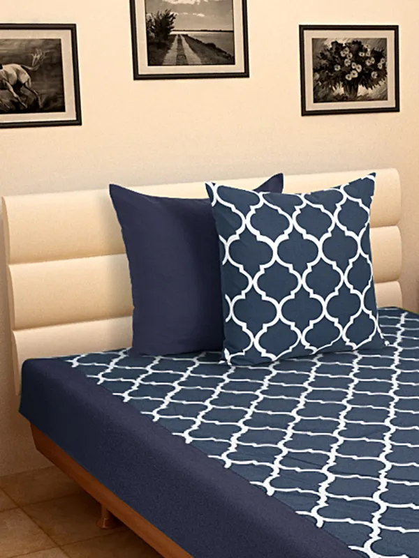 Pack_of_3_Pieces_Cotton_Dark_Blue_Ogee_Printed_Single_Bedsheet_With_Sham_Cover_for_Bedroom,_Guest_Room,_Kids_Room