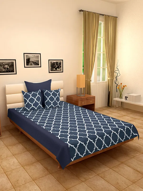 Pack_of_4_Pieces_Cotton_Dark_Blue_Ogee_Printed_Single_Bedsheet_With_Sham_Cover_and_Cushion_Cover_for_Bedroom,_Guest_Room,_Kids_Room