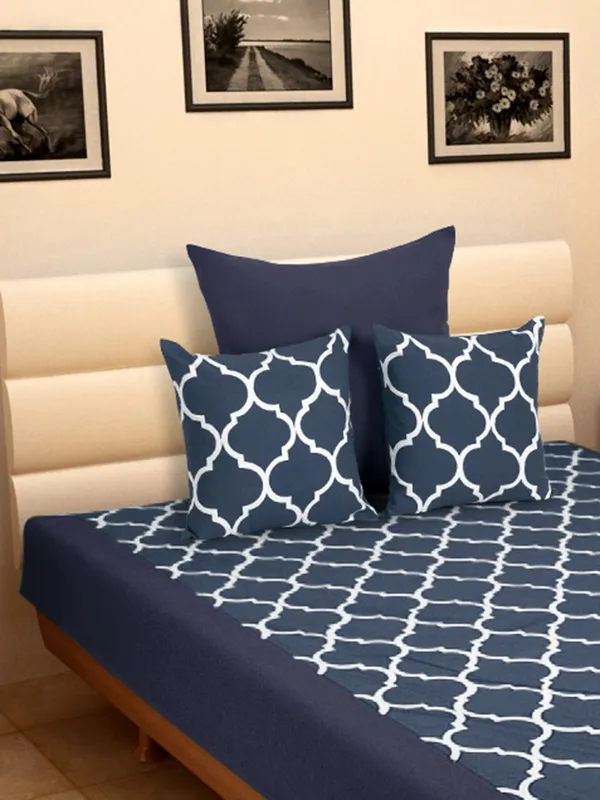 Pack_of_4_Pieces_Cotton_Dark_Blue_Ogee_Printed_Single_Bedsheet_With_Sham_Cover_and_Cushion_Cover_for_Bedroom,_Guest_Room,_Kids_Room
