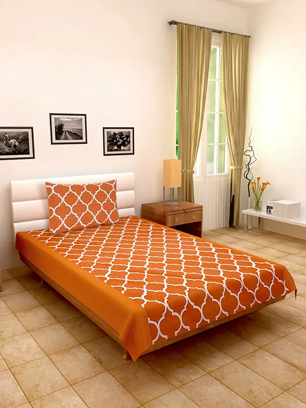 Pack_of_2_Pieces_Cotton_Orange_Ogee_Printed_Single_Bedsheet_With_Pillow_Cover_for_Bedroom,_Guest_Room,_Kids_Room