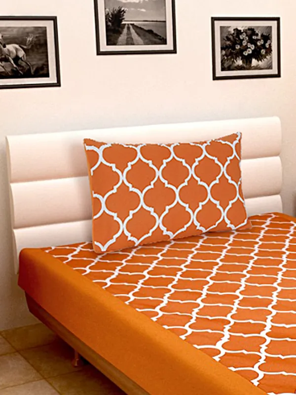Pack_of_2_Pieces_Cotton_Orange_Ogee_Printed_Single_Bedsheet_With_Pillow_Cover_for_Bedroom,_Guest_Room,_Kids_Room