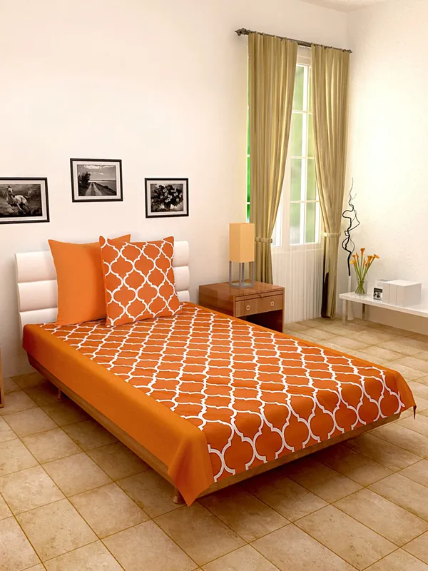 Pack_of_3_Pieces_Cotton_Orange_Ogee_Cotton_Printed_Single_Bedsheet_With_Piece_Sham_Cover_for_Bedroom,_Guest_Room,_Kids_Room