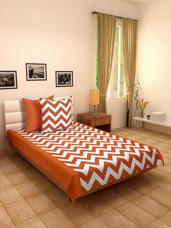 Pack_of_3_Pieces_Cotton_Orange_Chevron_Printed_Single_Bedsheet_With_Sham_Cover_for_Bedroom,_Guest_Room,_Kids_Room