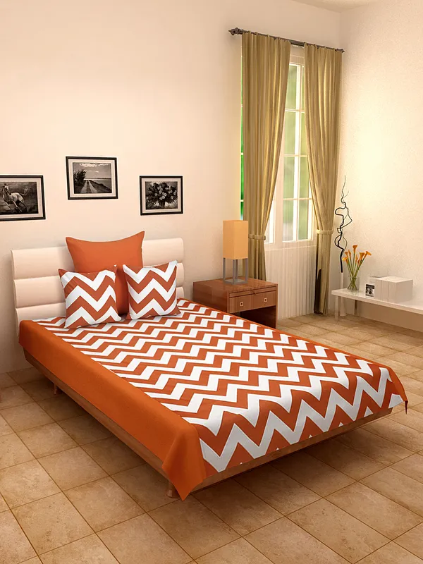 Pack_of_4_Pieces_Cotton_Orange_Chevron_Printed_Single_Bedsheet_With_Sham_Cover_and_Cushion_Cover_for_Bedroom,_Guest_Room,_Kids_Room