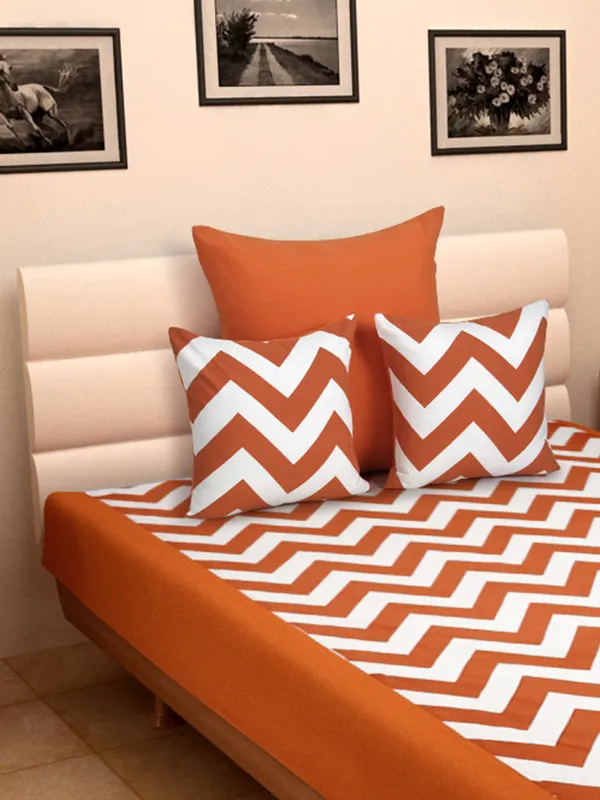 Pack_of_4_Pieces_Cotton_Orange_Chevron_Printed_Single_Bedsheet_With_Sham_Cover_and_Cushion_Cover_for_Bedroom,_Guest_Room,_Kids_Room