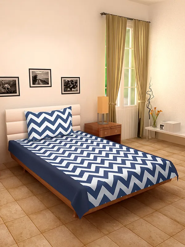 Pack_of_2_Pieces_Cotton_Dark_Blue_Chevron_Printed_Single_Bedsheet_With_Pillow_Cover_for_Bedroom,_Guest_Room,_Kids_Room