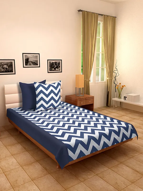 Pack_of_3_Pieces_Cotton_Dark_Blue_Chevron_Printed_Single_Bedsheet_With_Sham_Cover_for_Bedroom,_Guest_Room,_Kids_Room