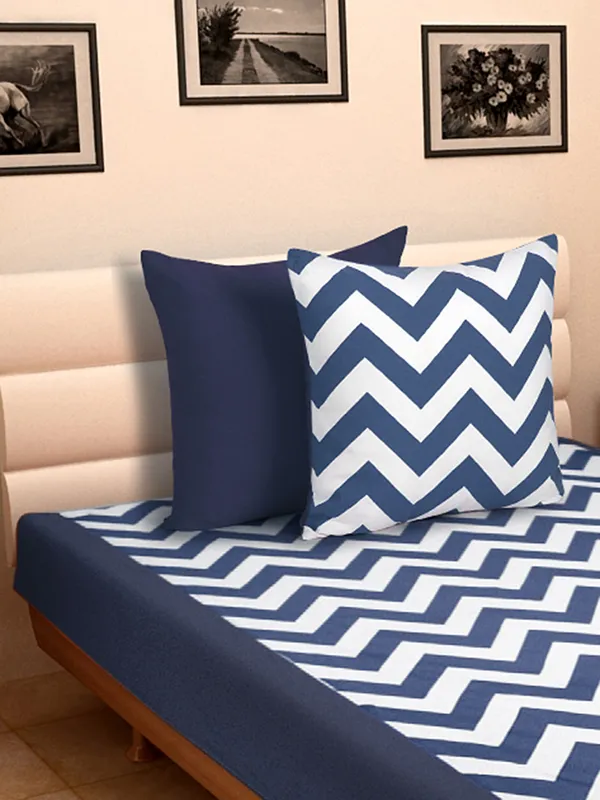 Pack_of_3_Pieces_Cotton_Dark_Blue_Chevron_Printed_Single_Bedsheet_With_Sham_Cover_for_Bedroom,_Guest_Room,_Kids_Room