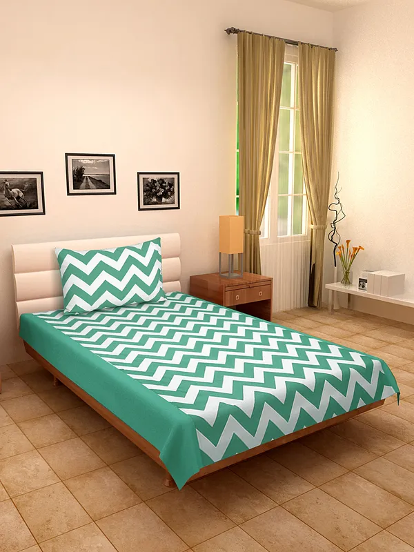 Pack_of_2_Pieces_Cotton_Aqua_Chevron_Printed_Single_Bedsheet_With_Pillow_Cover_for_Bedroom,_Guest_Room,_Kids_Room