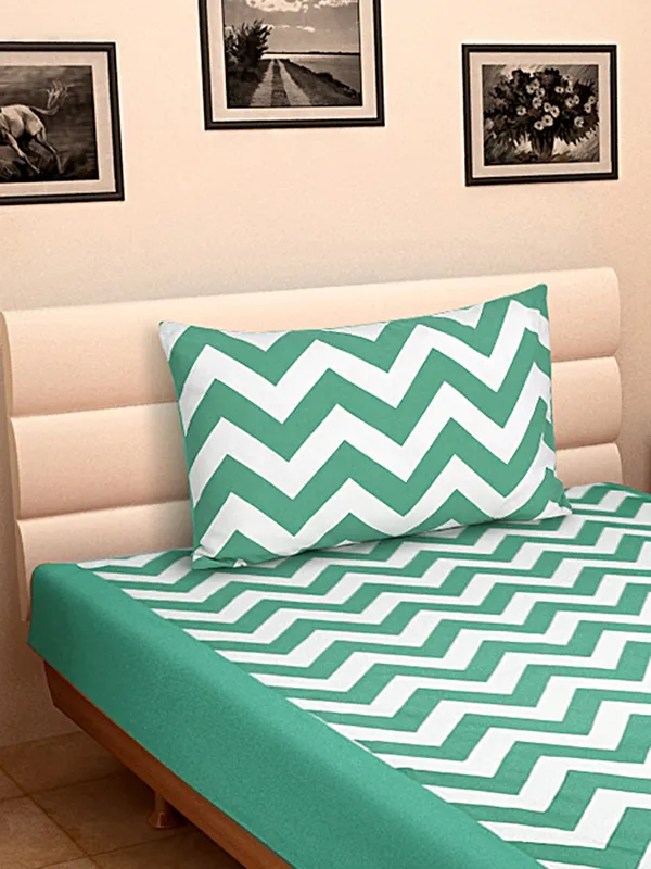 Pack_of_2_Pieces_Cotton_Aqua_Chevron_Printed_Single_Bedsheet_With_Pillow_Cover_for_Bedroom,_Guest_Room,_Kids_Room