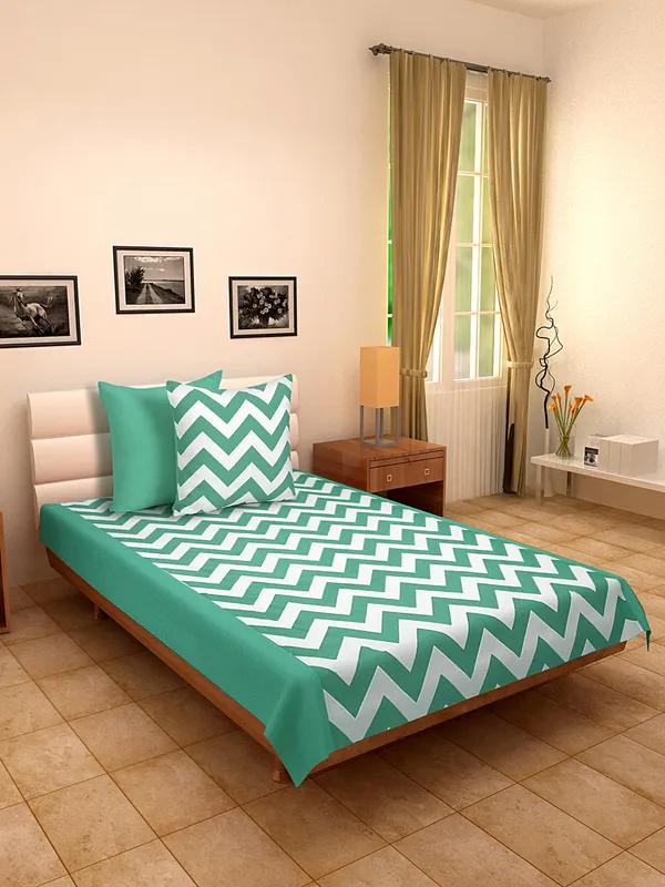 Pack_of_3_Pieces_Cotton_Aqua_Chevron_Printed_Single_Bedsheet_With_Sham_Cover_for_Bedroom,_Guest_Room,_Kids_Room