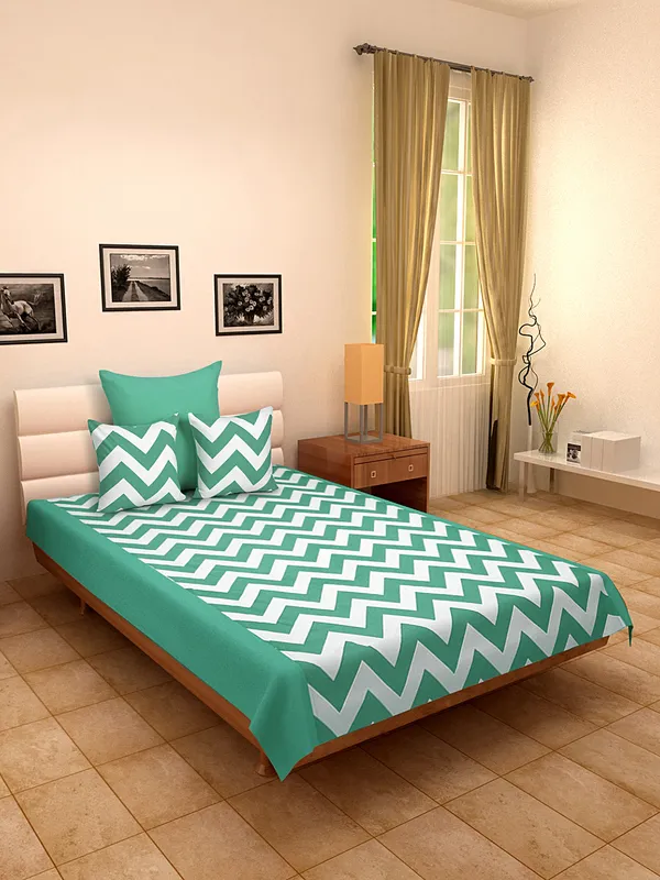 Pack_of_4_Pieces_Cotton_Aqua_Chevron_Printed_Single_Bedsheet_With_Sham_Cover_and_Cushion_Cover_for_Bedroom,_Guest_Room,_Kids_Room