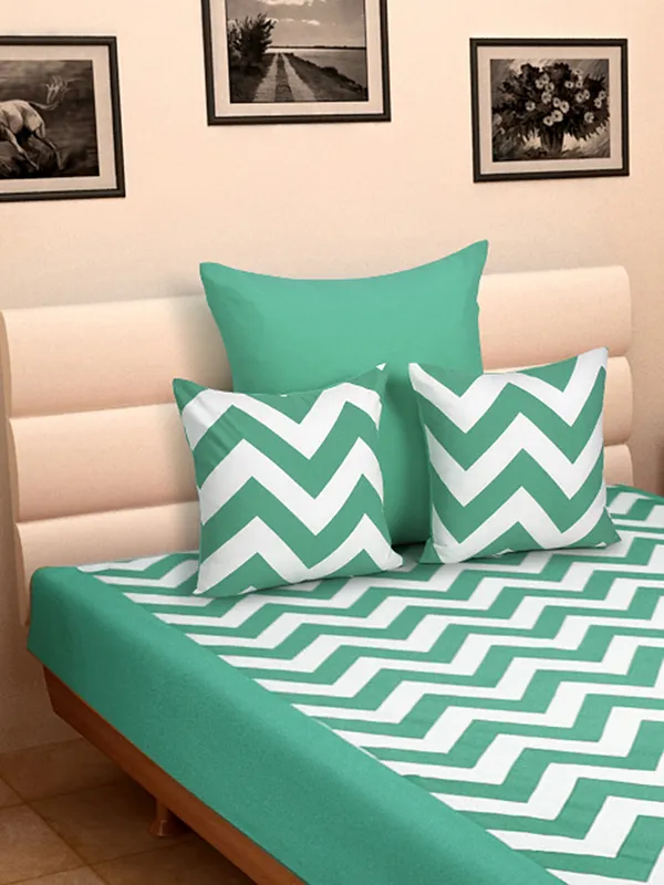 Pack_of_4_Pieces_Cotton_Aqua_Chevron_Printed_Single_Bedsheet_With_Sham_Cover_and_Cushion_Cover_for_Bedroom,_Guest_Room,_Kids_Room