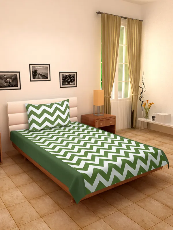 Pack_of_2_Pieces_Cotton_Green_Chevron_Printed_Single_Bedsheet_With_Pillow_Cover_for_Bedroom,_Guest_Room,_Kids_Room