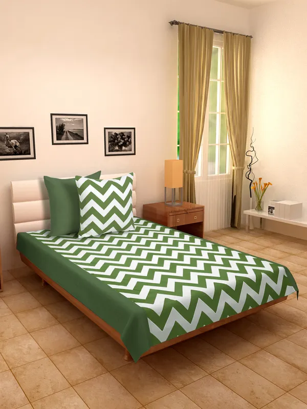 Pack_of_3_Pieces_Cotton_Green_Chevron_Printed_Single_Bedsheet_With_Sham_Cover_for_Bedroom,_Guest_Room,_Kids_Room