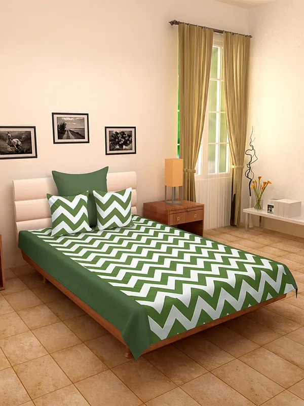 Pack_of_4_Pieces_Cotton_Green_Chevron_Printed_Single_Bedsheet_With_Sham_Cover_and_Cushion_Cover_for_Bedroom,_Guest_Room,_Kids_Room