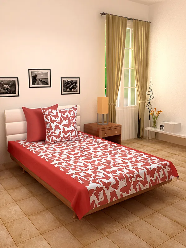 Pack_of_3_Pieces_Cotton_Coral_Butterfly_Printed_Single_Bedsheet_With_Sham_Cover_for_Bedroom,_Guest_Room,_Kids_Room