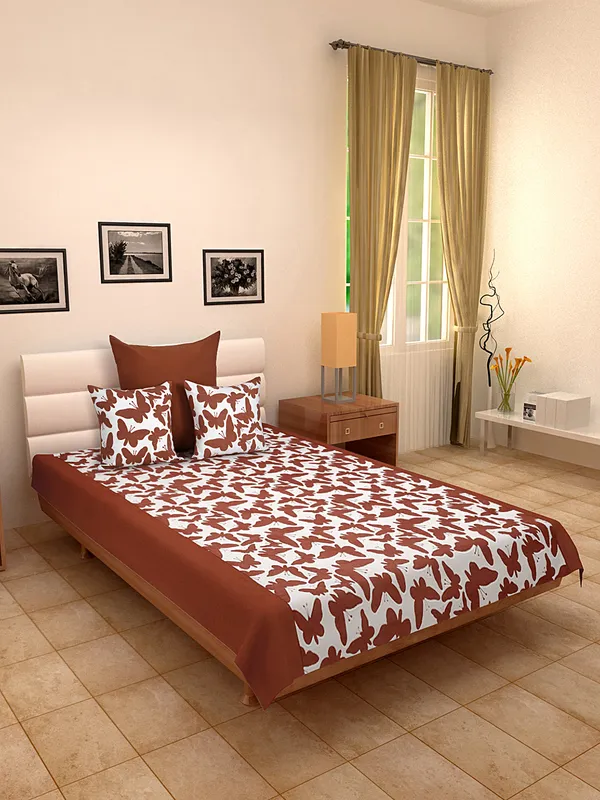 Pack_of_4_Pieces_Cotton_Maroon_Butterfly_Printed_Single_Bedsheet_With_Sham_Cover_and_Cushion_Cover_for_Bedroom,_Guest_Room,_Kids_Room