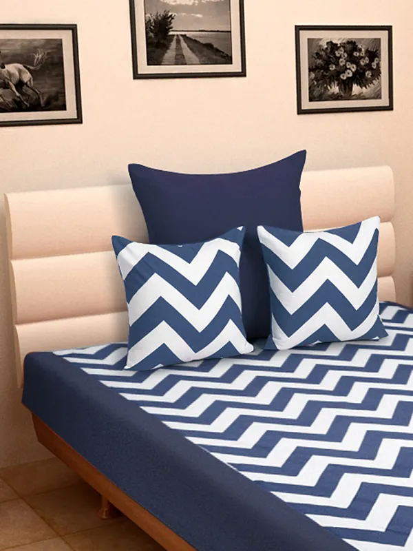 Pack_of_4_Pieces_Cotton_Dark_Blue_Chevron_Printed_Single_Bedsheet_With_Sham_Cover_and_Cushion_Cover_for_Bedroom,_Guest_Room,_Kids_Room