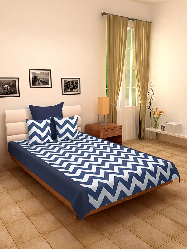 Pack_of_4_Pieces_Cotton_Dark_Blue_Chevron_Printed_Single_Bedsheet_With_Sham_Cover_and_Cushion_Cover_for_Bedroom,_Guest_Room,_Kids_Room