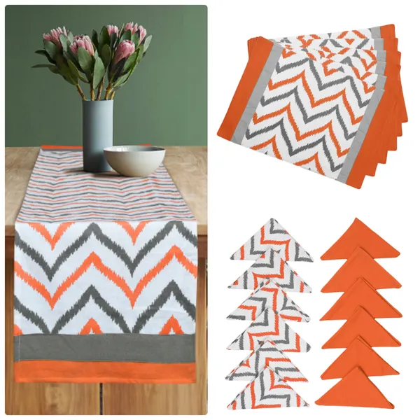 Pack_of_13,_19_&_25_Pieces_Cotton_Orange_Chevron_Printed_Table_Runner_With_Place_Mat_and_Napkin_For_Dining_&_Center_Table