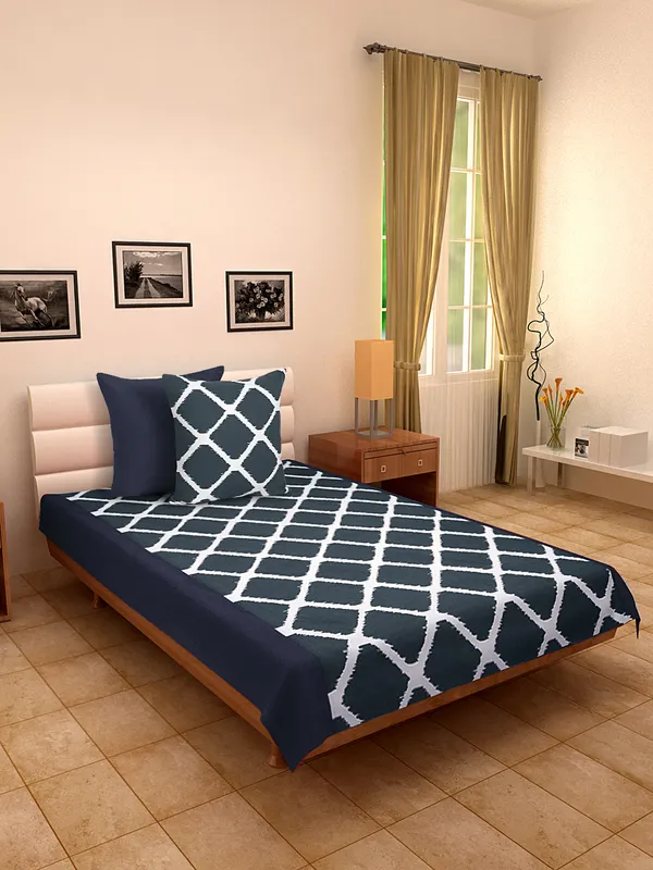 Pack_of_3_Pieces_Cotton_Dark_Blue_Ikat_Cotton_Printed_Single_Bedsheet_With_Sham_Cover_for_Bedroom,_Guest_Room,_Kids_Room