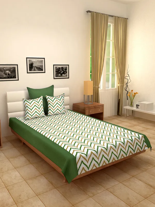 Pack_of_4_Pieces_Cotton_Green_Double_Ikat_Printed_Single_Bedsheet_With_Sham_Cover_and_Cushion_Cover_for_Bedroom,_Guest_Room,_Kids_Room