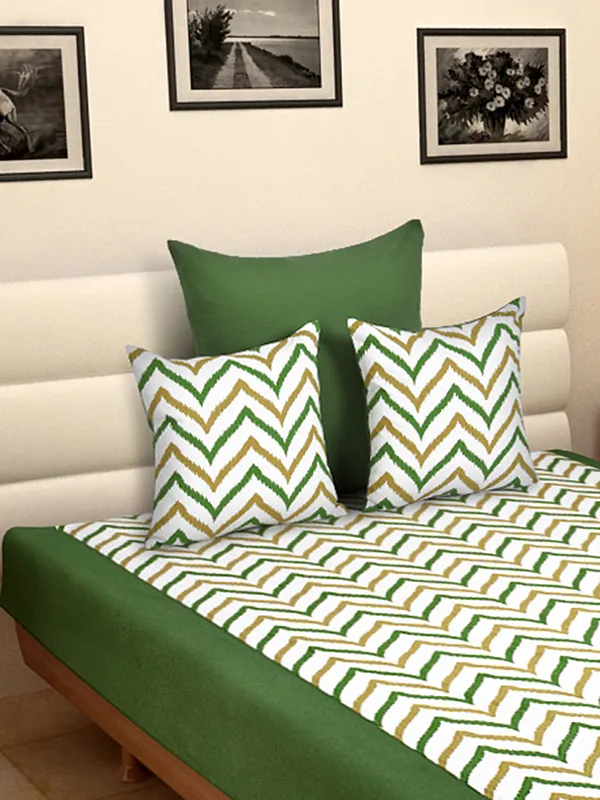 Pack_of_4_Pieces_Cotton_Green_Double_Ikat_Printed_Single_Bedsheet_With_Sham_Cover_and_Cushion_Cover_for_Bedroom,_Guest_Room,_Kids_Room