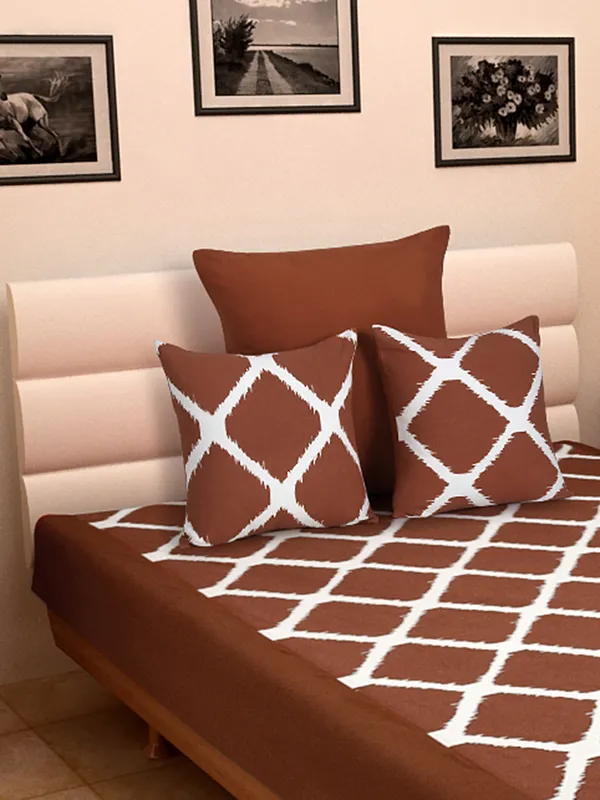 Pack_of_4_Pieces_Cotton_Rust_Ikat_Printed_Single_Bedsheet_With_Sham_Cover_and_Cushion_Cover_for_Bedroom,_Guest_Room,_Kids_Room