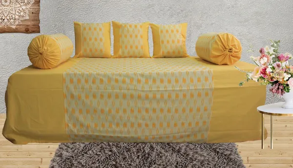 Premium_Pack_of_6_Pieces_Cotton_Banana_Yellow_Pochampaaly_Weave_Ikat_Printed_Collection_Diwan_Set_For_Living_Room