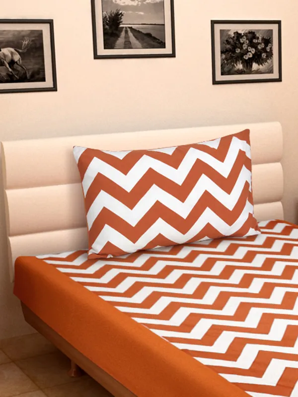 Pack_of_2_Pieces_Cotton_Orange_Chevron_Printed_Single_Bedsheet_With_Pillow_Cover_for_Bedroom,_Guest_Room,_Kids_Room