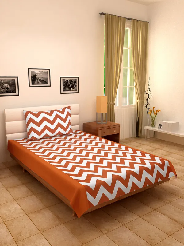 Pack_of_2_Pieces_Cotton_Orange_Chevron_Printed_Single_Bedsheet_With_Pillow_Cover_for_Bedroom,_Guest_Room,_Kids_Room