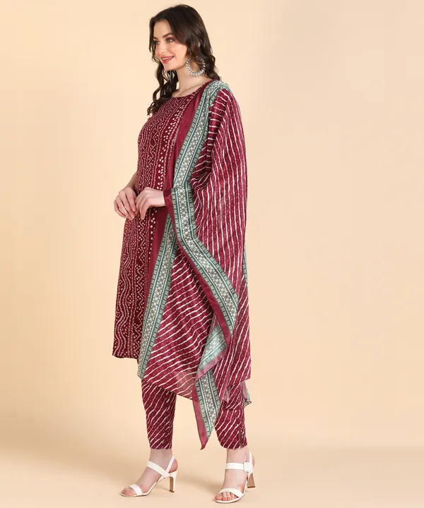 Maroon_Cotton_Printed_Kurti_Pant_With_Dupatta_Set