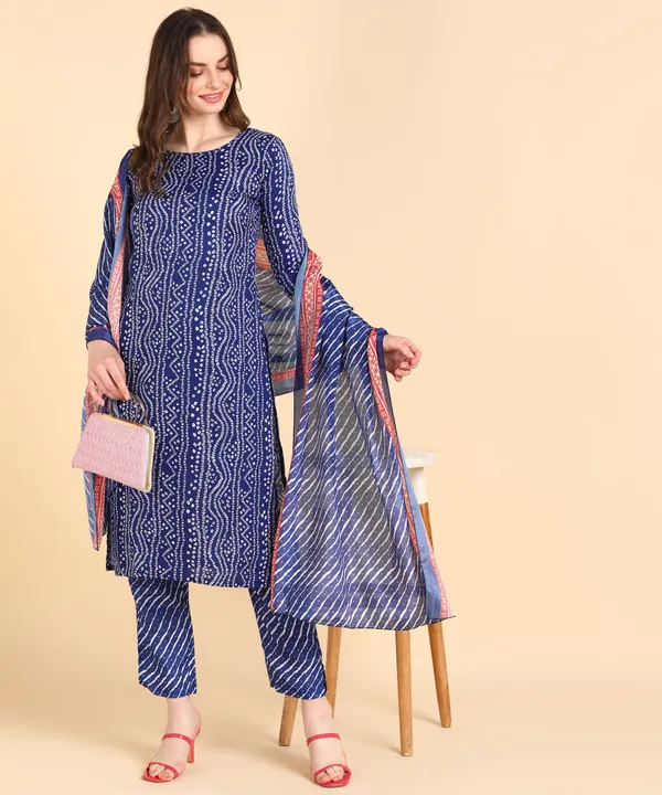 Blue_Cotton_Printed_Kurti_Pant_With_Dupatta_Set