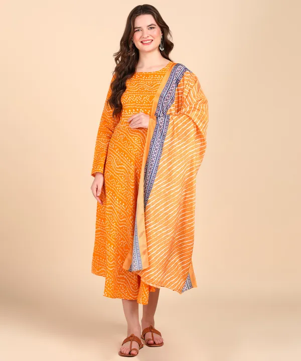 Yellow_Cotton_Printed_Round_Kurti_With_Dupatta_Set_For_Women