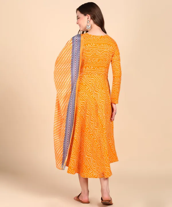 Yellow_Cotton_Printed_Round_Kurti_With_Dupatta_Set_For_Women