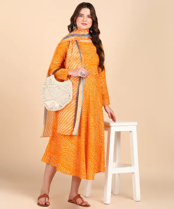 Yellow_Cotton_Printed_Round_Kurti_With_Dupatta_Set_For_Women