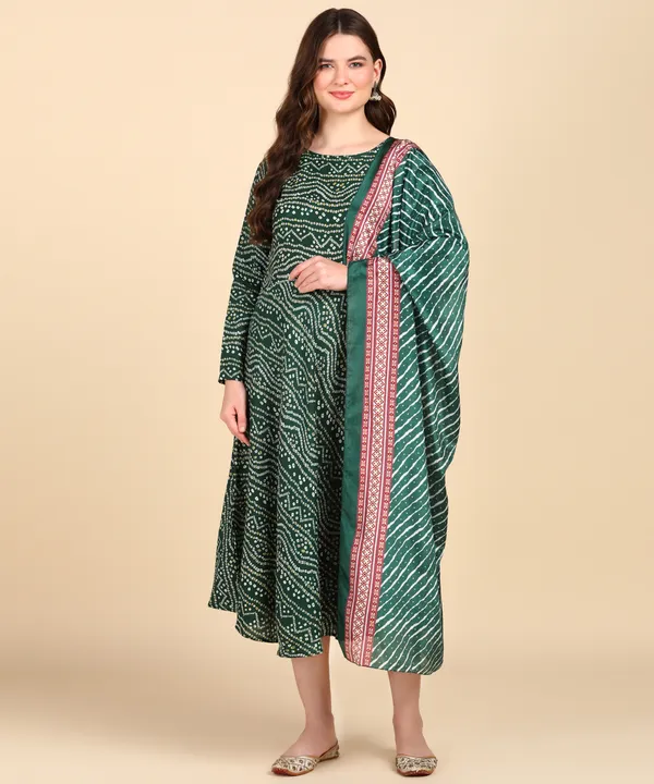 Green_Cotton_Printed_Round_Kurti_With_Dupatta_Set_For_Women