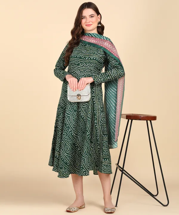 Green_Cotton_Printed_Round_Kurti_With_Dupatta_Set_For_Women