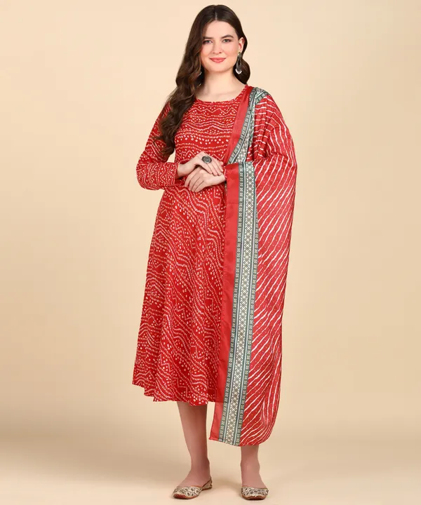 Red_Cotton_Printed_Round_Kurti_With_Dupatta_Set_For_Women